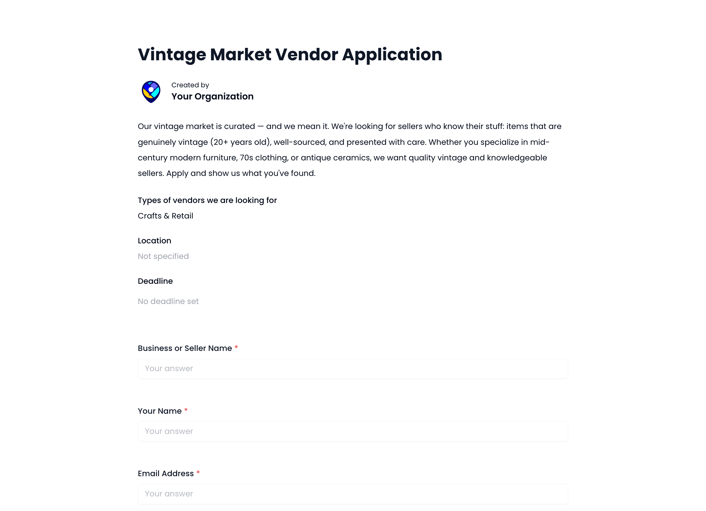 Vintage Market Vendor Application Template preview