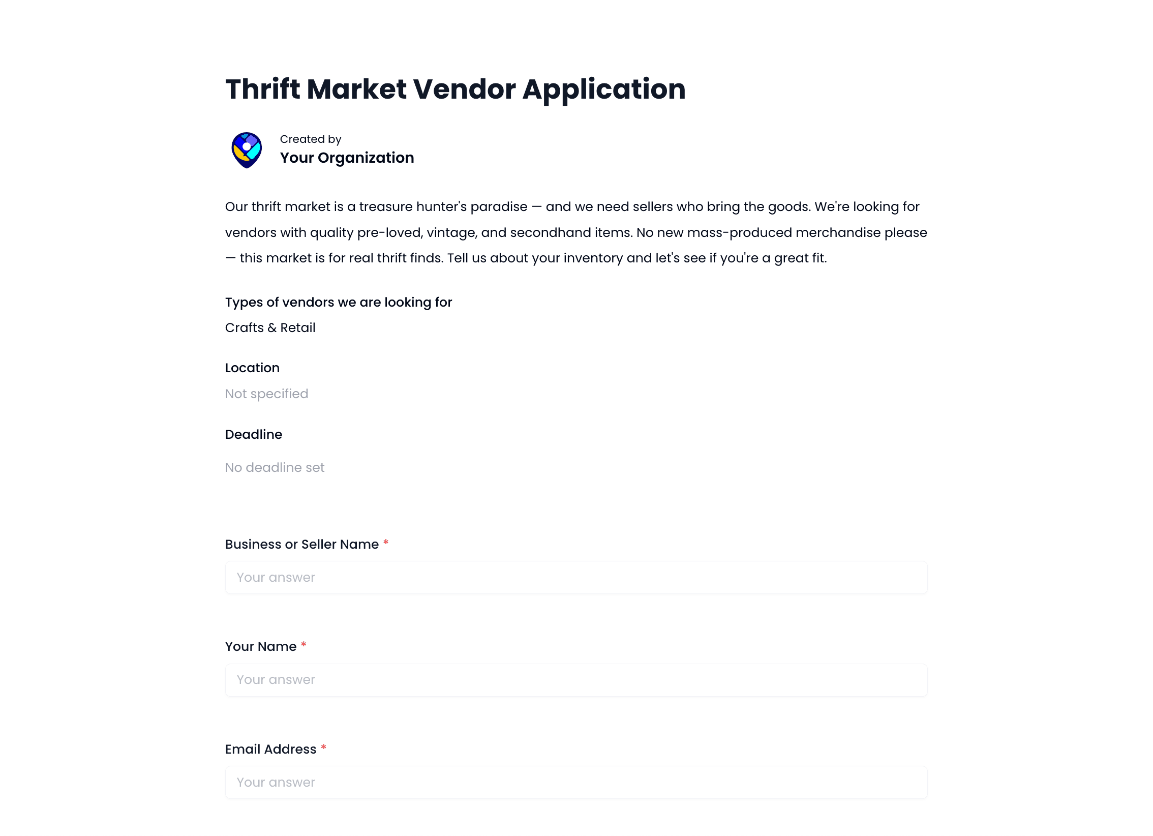 Thrift Market Vendor Application Template preview