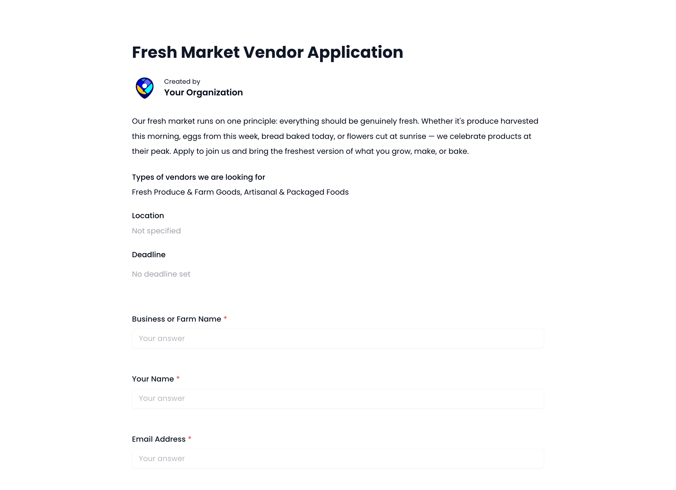 Fresh Market Vendor Application Template preview