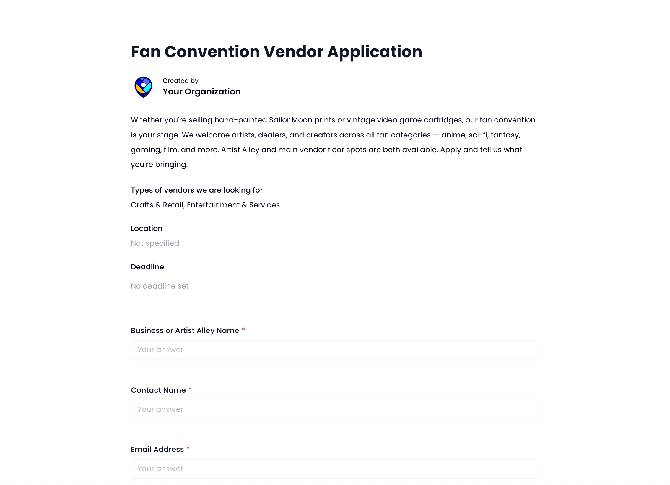 Fan Convention Vendor Application Template preview