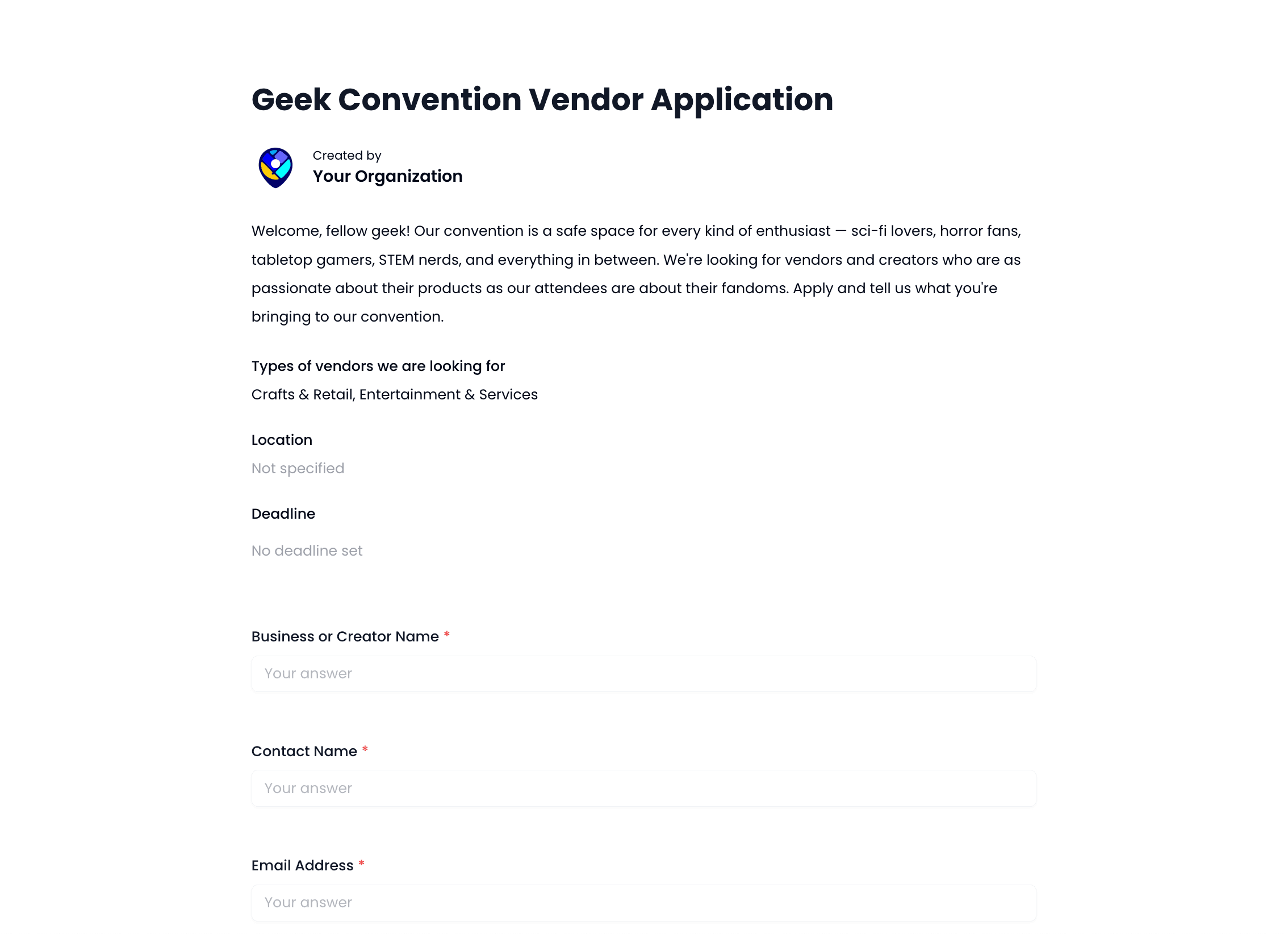 Geek Convention Vendor Application Template preview