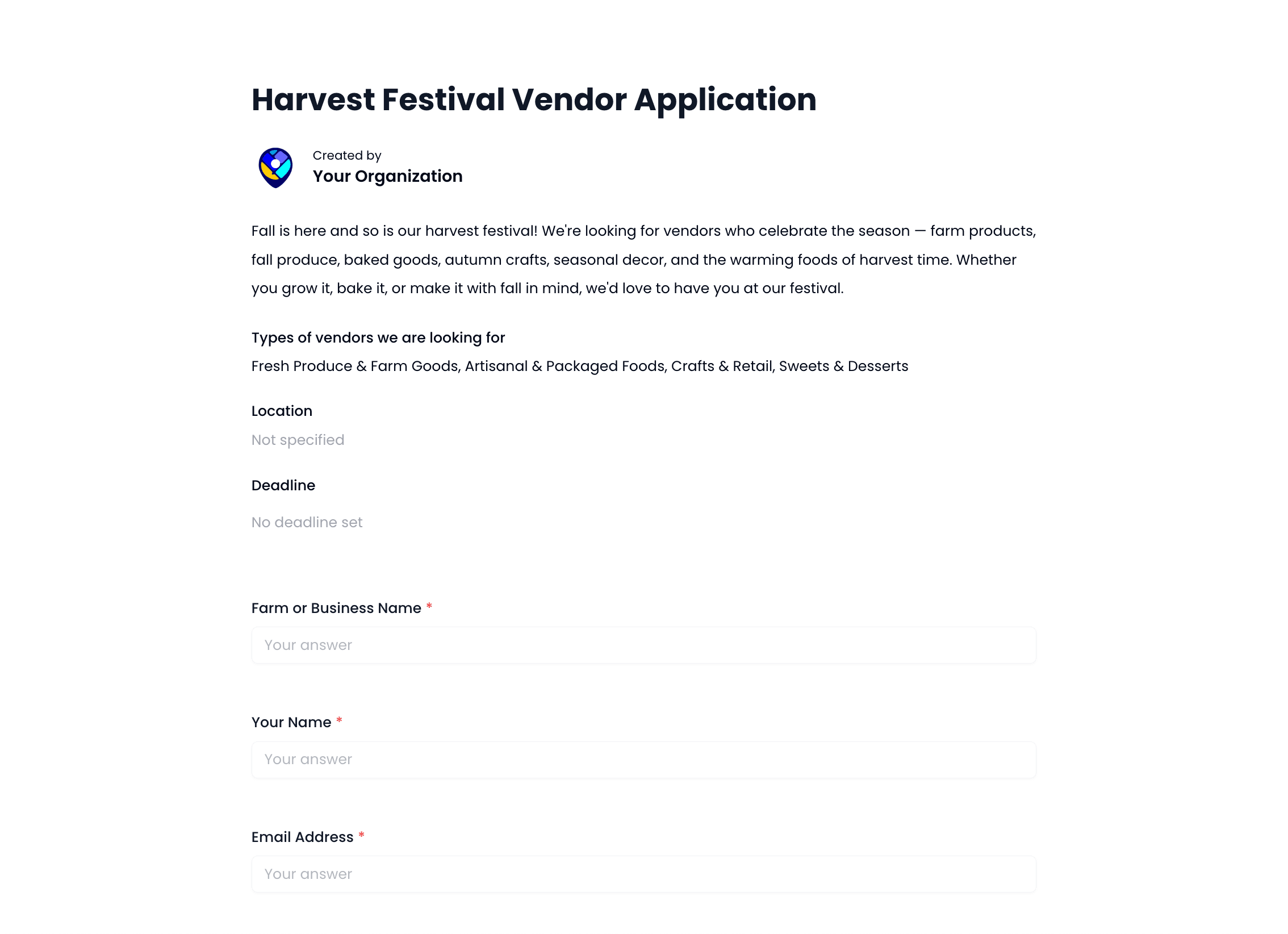 Harvest Festival Vendor Application Template preview