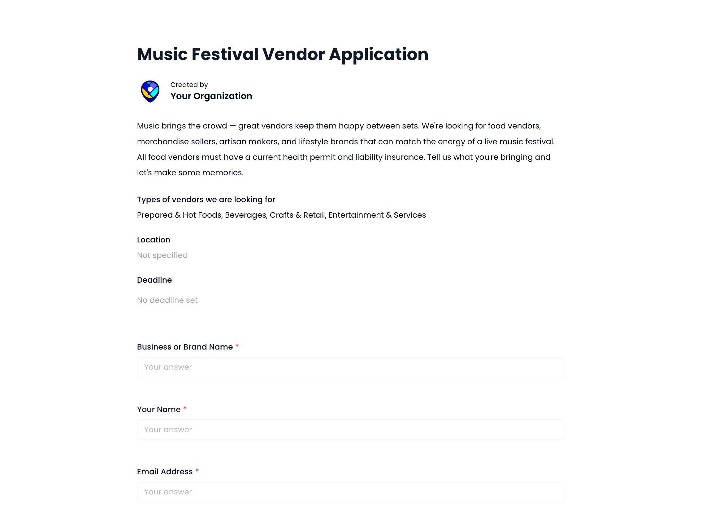 Music Festival Vendor Application Template preview