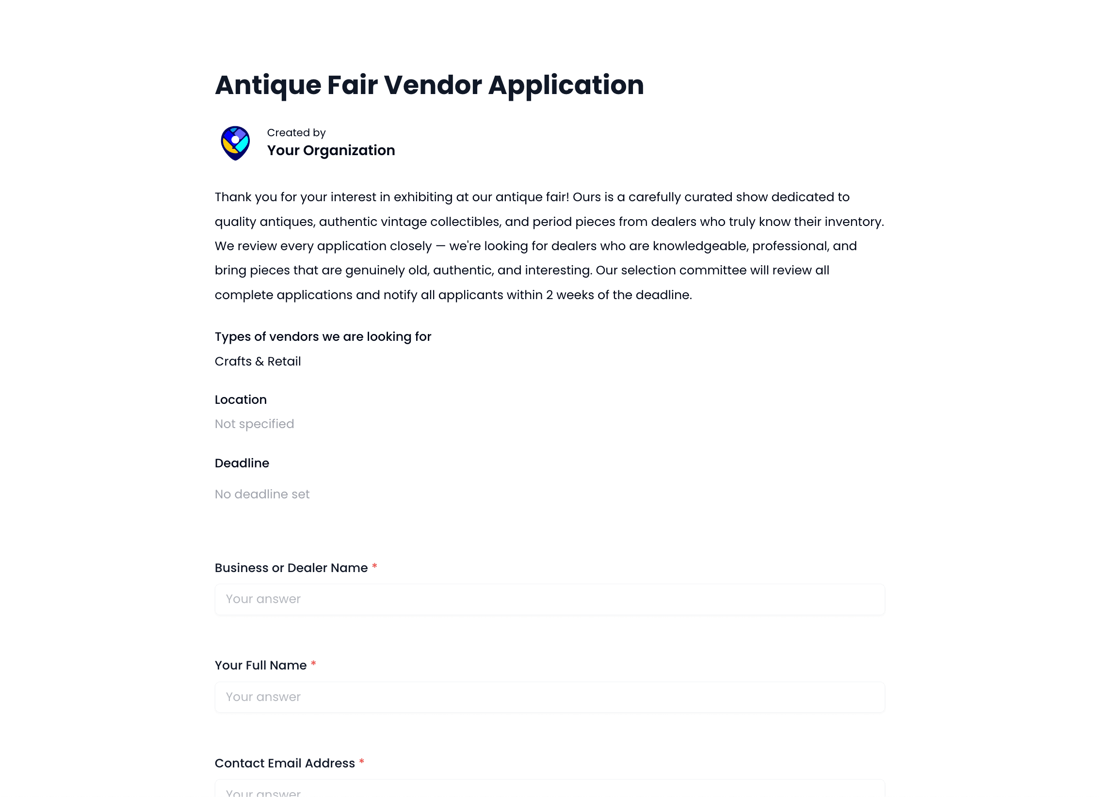 Antique Fair Vendor Application Template preview