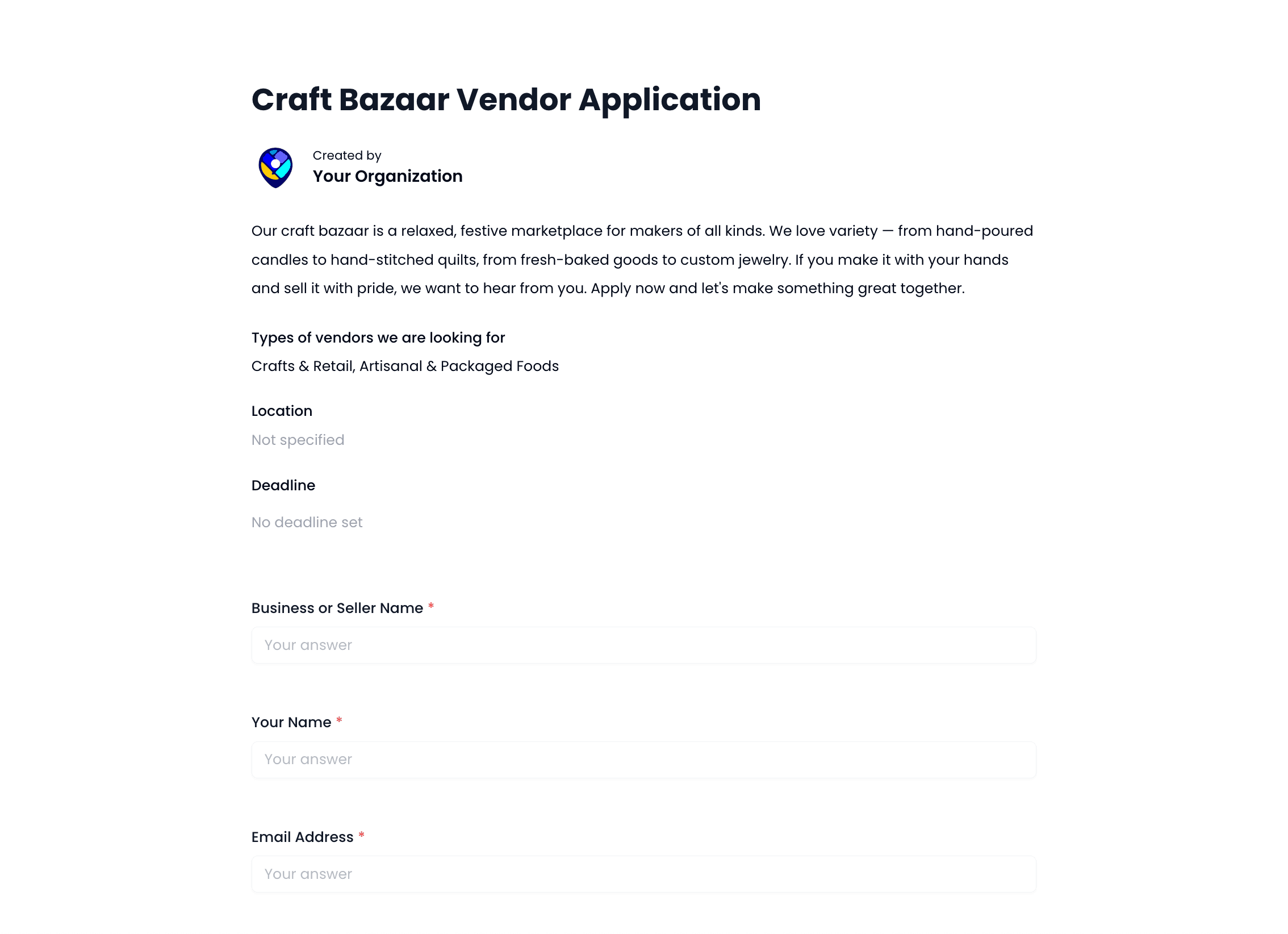 Craft Bazaar Vendor Application Template preview