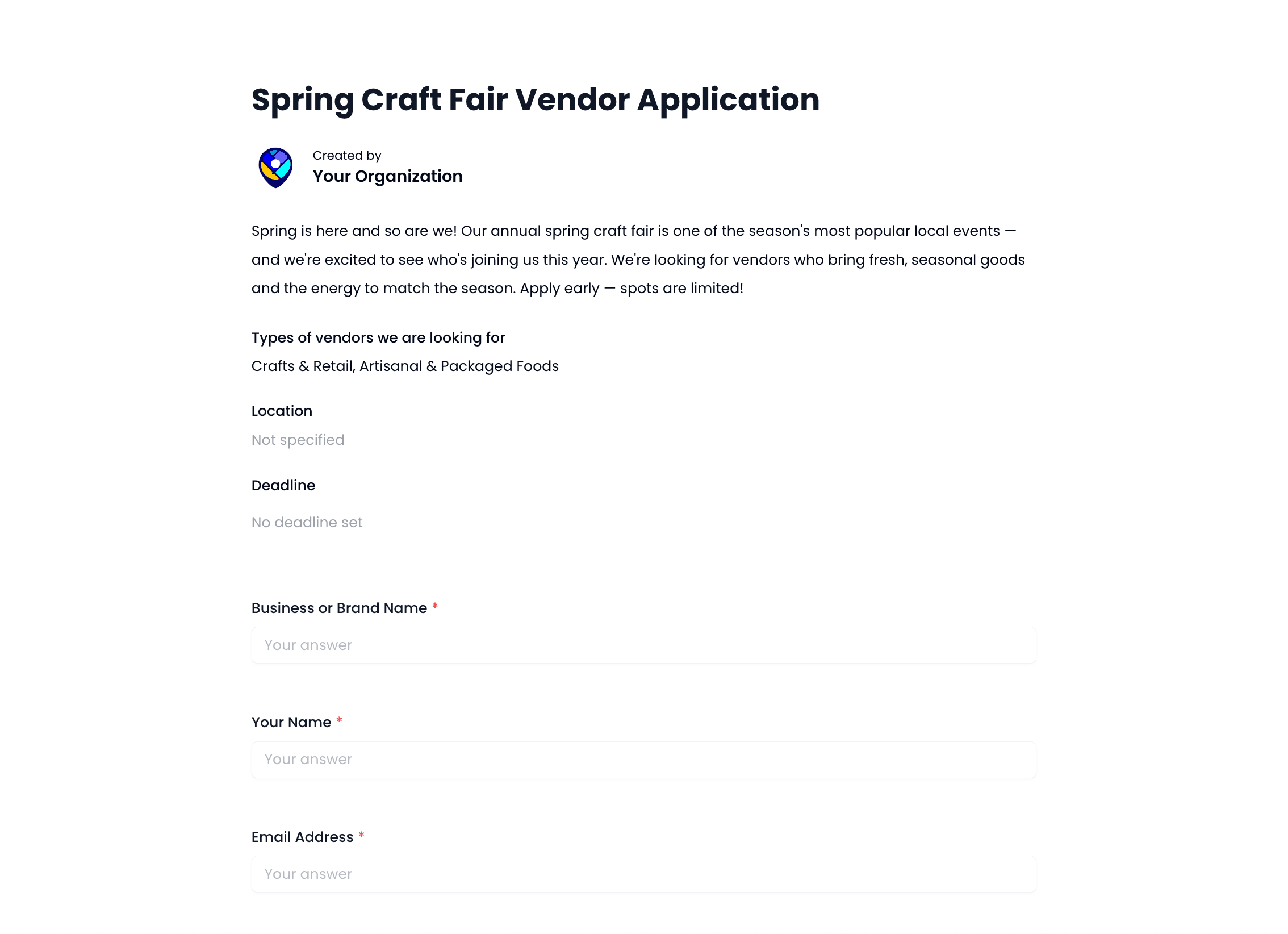 Spring Craft Fair Vendor Application Template preview