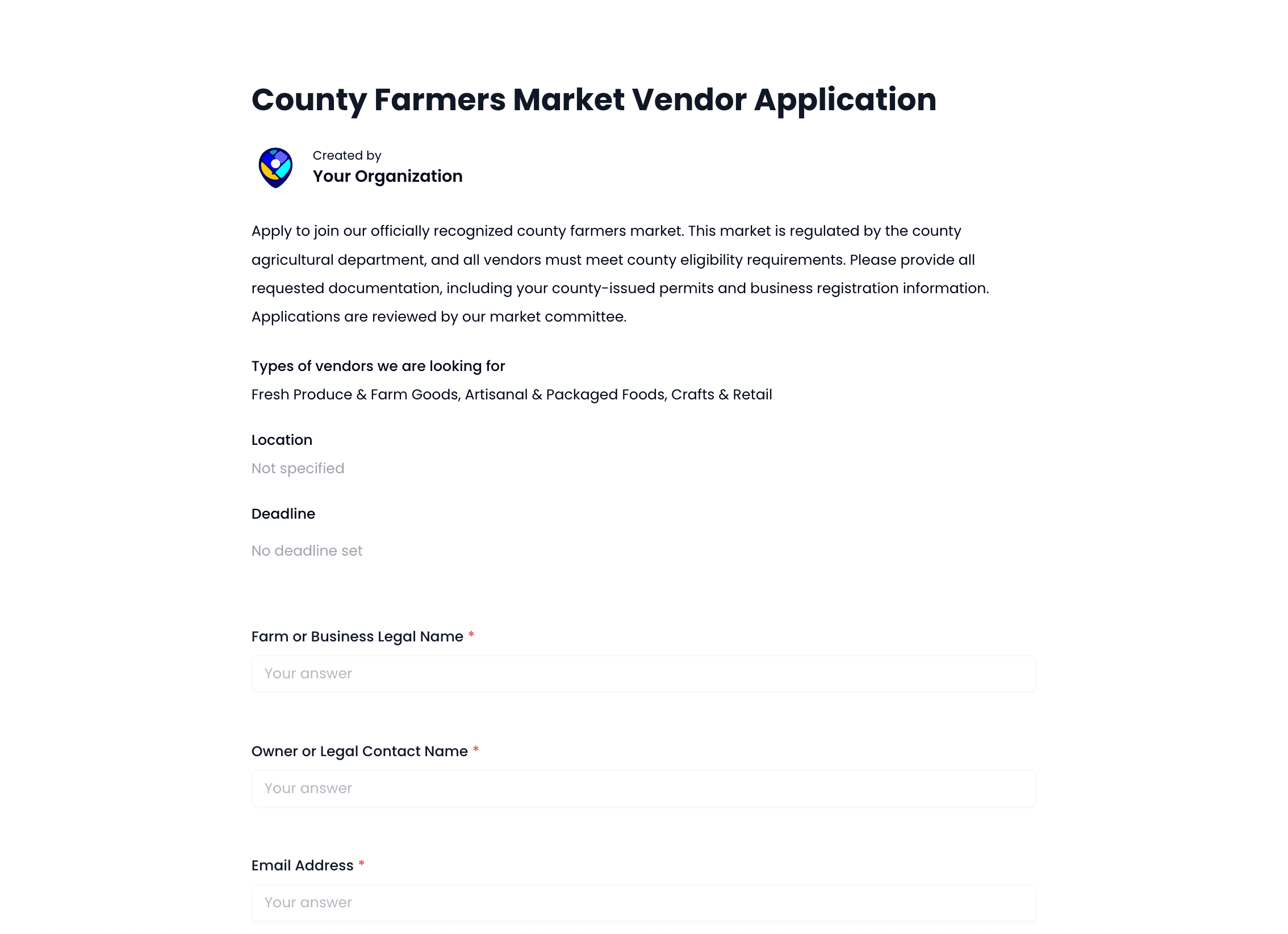 County Farmers Market Vendor Application Template preview