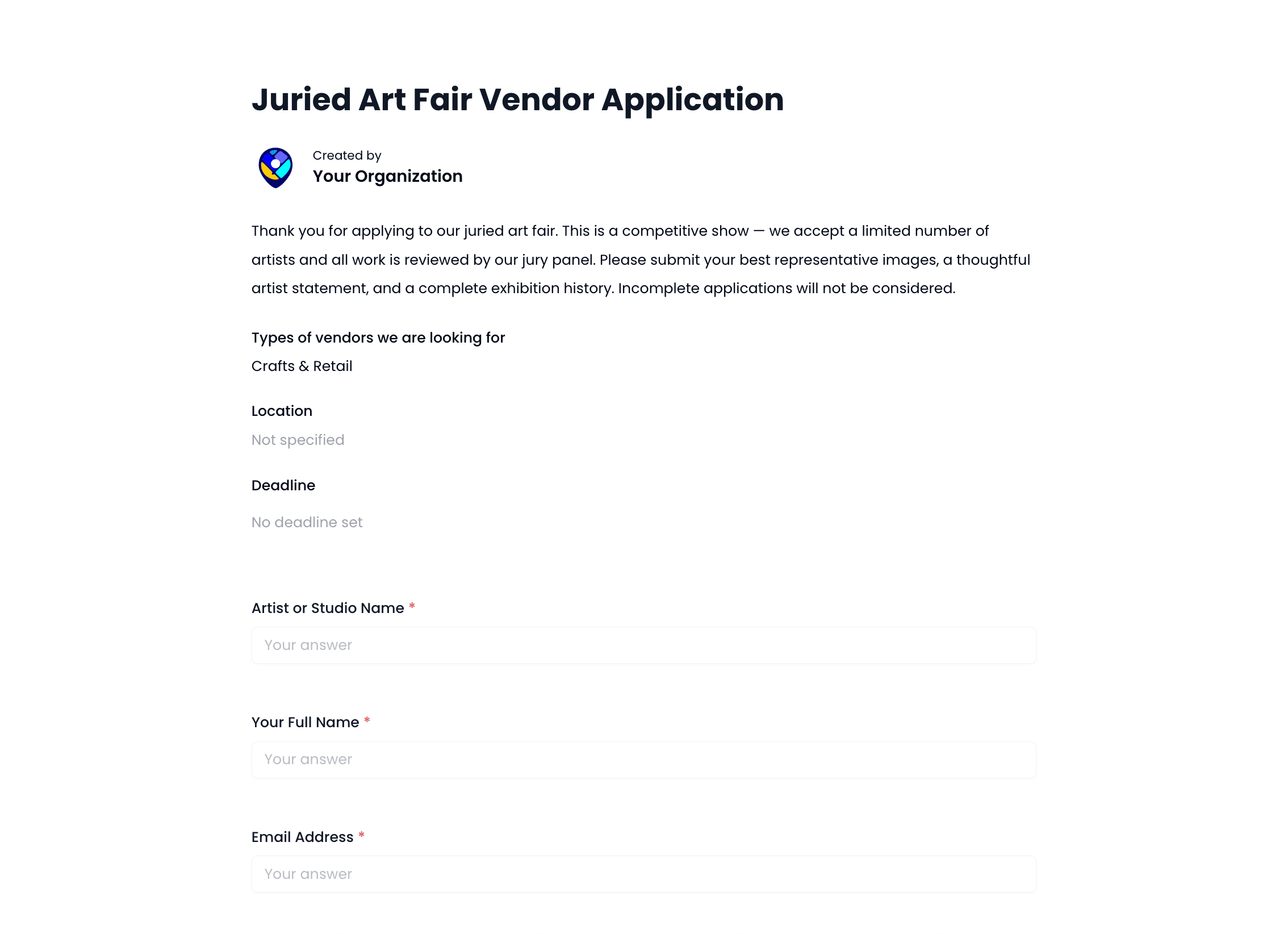 Juried Art Fair Vendor Application Template preview
