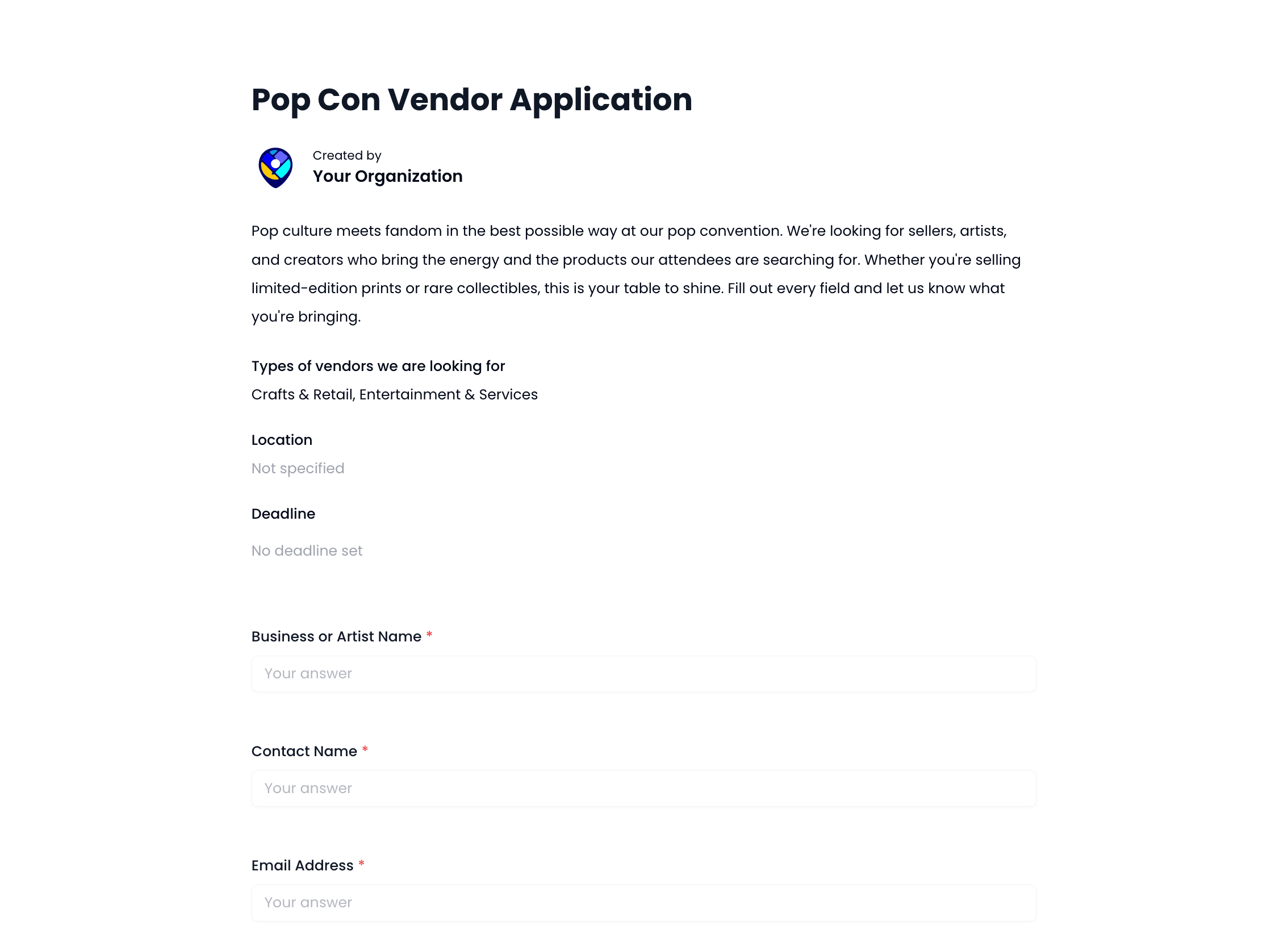 Pop Con Vendor Application Template preview