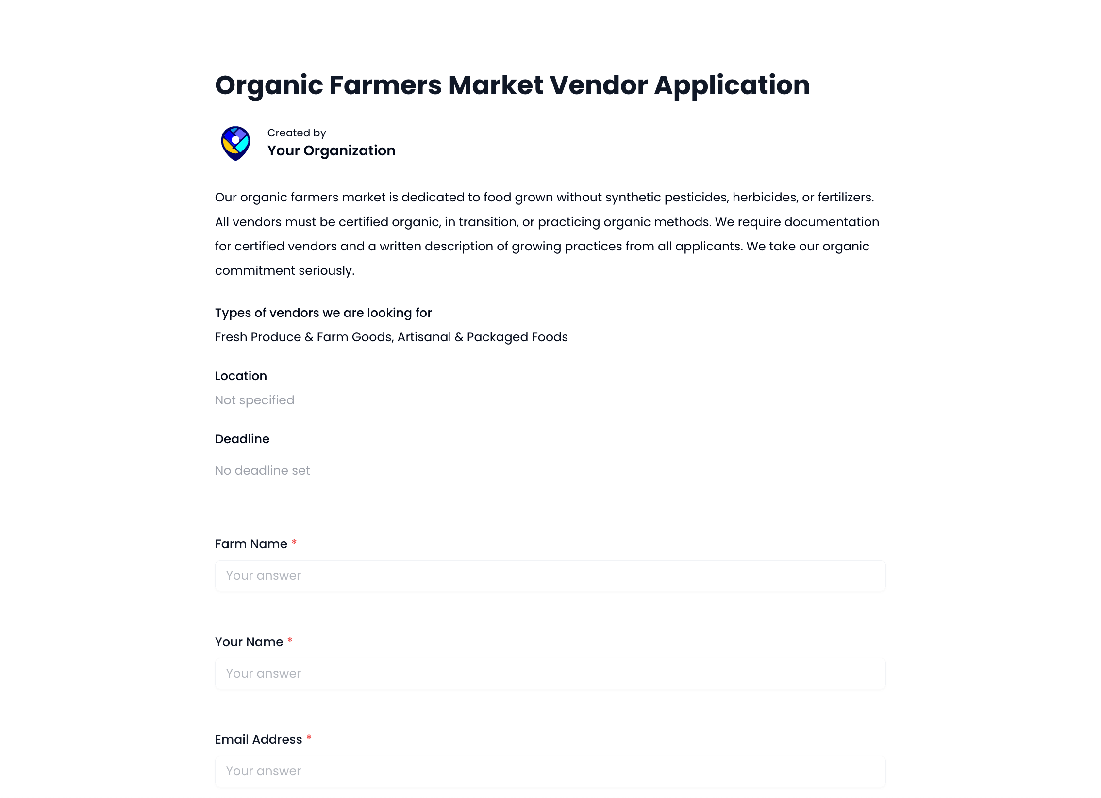 Organic Farmers Market Vendor Application Template preview
