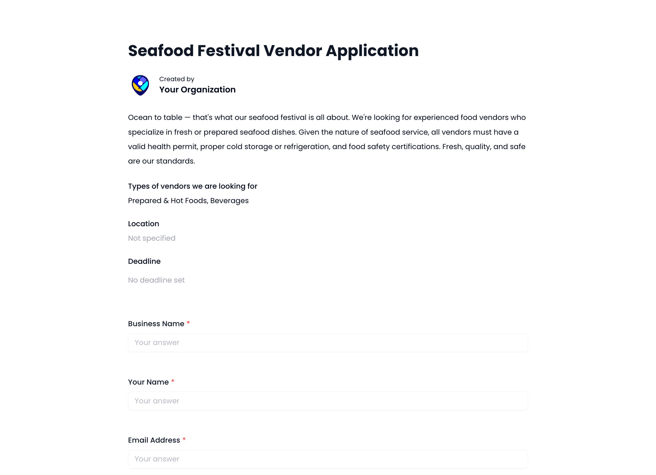 Seafood Festival Vendor Application Template preview