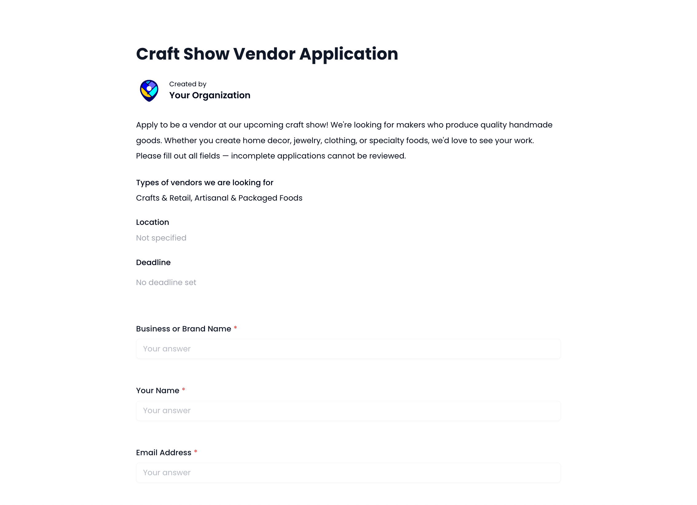 Craft Show Vendor Application Template preview