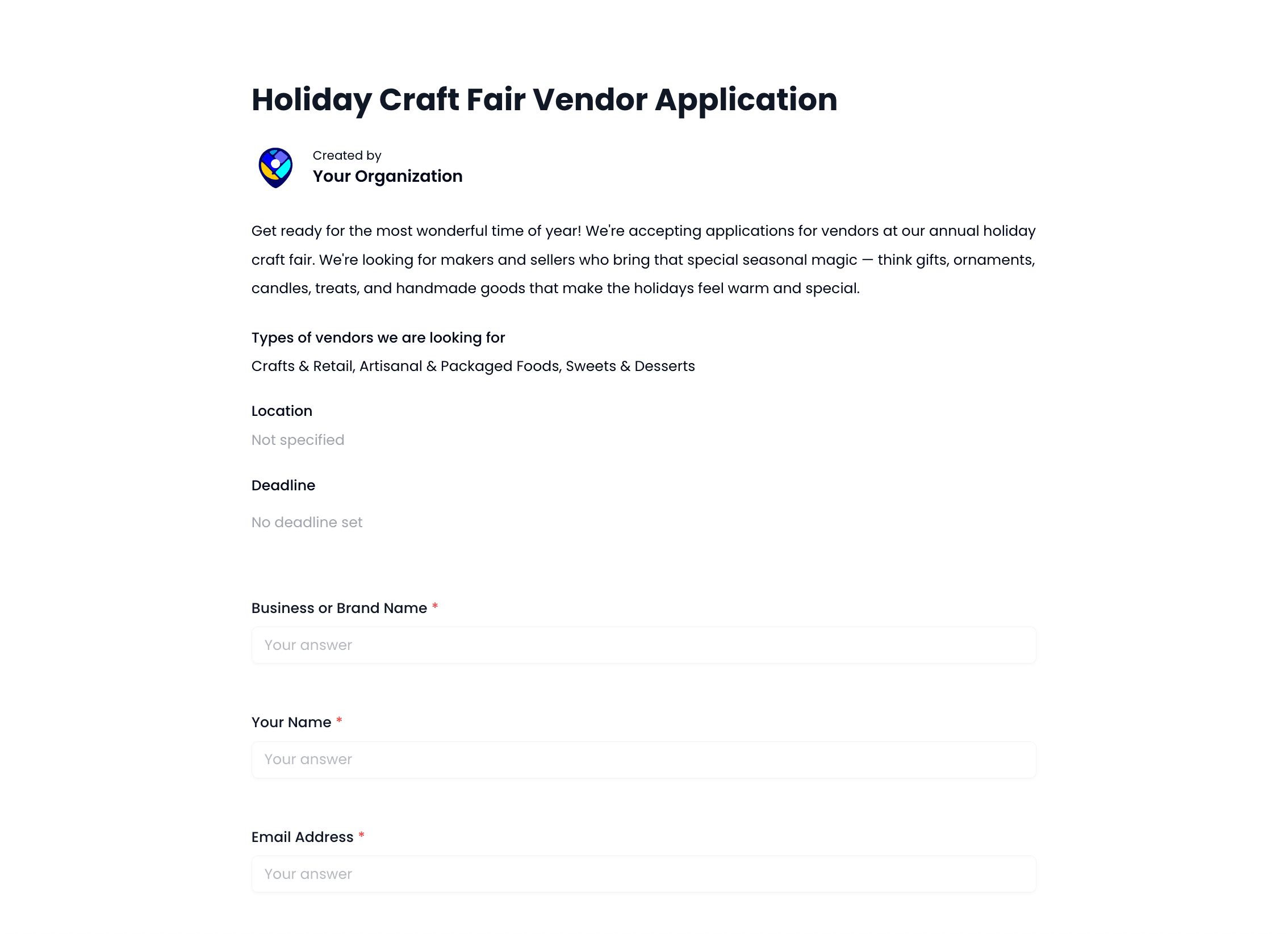Holiday Craft Fair Vendor Application Template preview