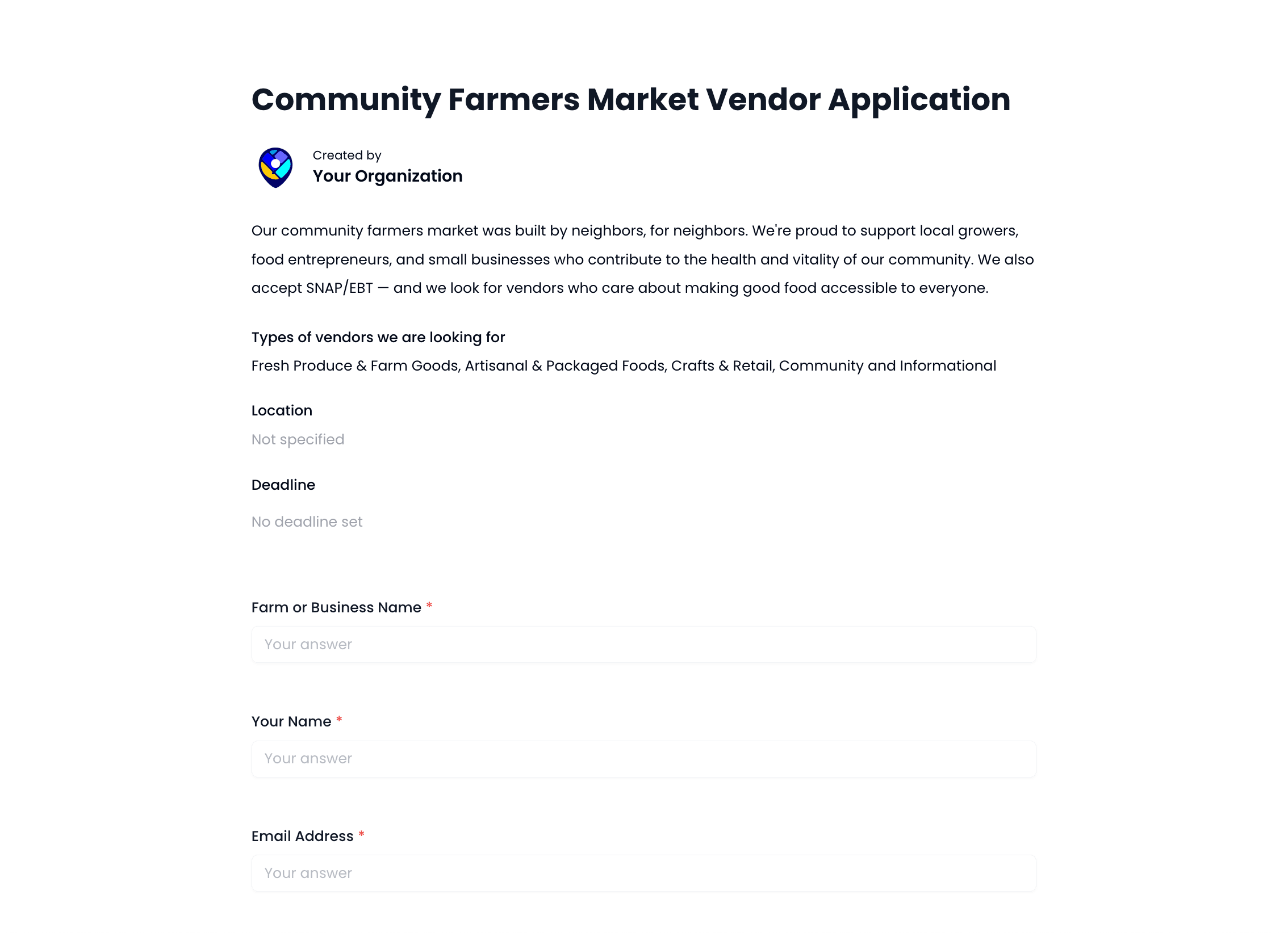 Community Farmers Market Vendor Application Template preview